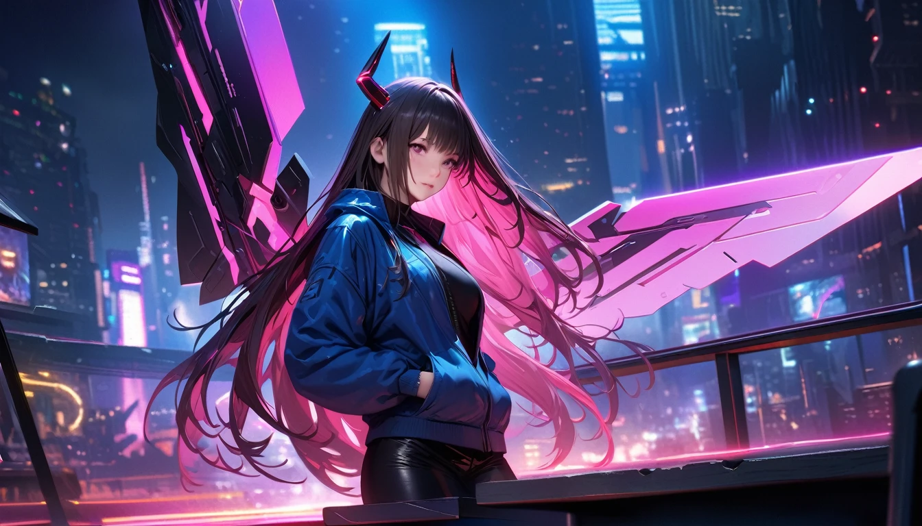 masterpiece, Best quality, 1 girl,photo, Studio photography, realistic:1.2, Cyberpunk girl with futuristic appearance, with mechanical wings and horns, sitting in a dynamic pose. She has dark hair with neon highlights, she is wearing a black outfit and a blue jacket.. The background is simple, Bright., Neon cityscape with blue and pink shades, emphasizing high technology, Sci-fi atmosphere. -- AR 3:4 --style 1000 --greater than 6、Wide buttocks、Эффект Тиндаллаmasuter piece、top quality、Highest standards、Highest image quality、Table、complex parts、a high resolution、depth of field、natural soft light、professional lighting、about, standing, very long hair, cowboy shot, brilliant, brilliant hair, (night:1.2),Dreamy, [[gentle fingers and hands:0.55]::0.85],(detailed fingers),),(emotional),(breathtaking),(main part:1.2) whole body.), (Anime Style), (Super Detailed), (brutal), (uhd, HDR), (8k), (High Resolution: 1.2), (Complex and Beautiful: 1.2)