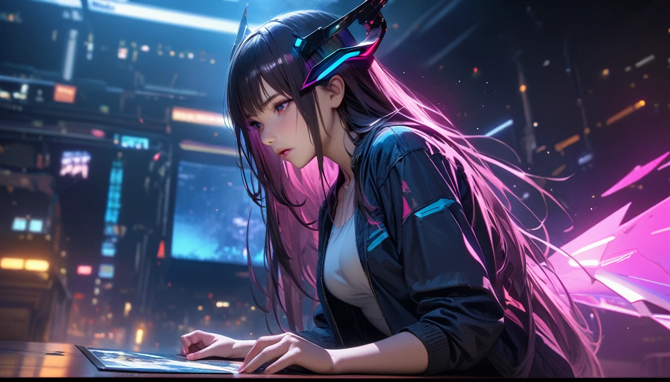 masterpiece, Best quality, 1 girl,photo, Studio photography, realistic:1.2, Cyberpunk girl with futuristic appearance, with mechanical wings and horns, sitting in a dynamic pose. She has dark hair with neon highlights, she is wearing a black outfit and a blue jacket.. The background is simple, Bright., Neon cityscape with blue and pink shades, emphasizing high technology, Sci-fi atmosphere. -- AR 3:4 --style 1000 --greater than 6、Wide buttocks、Эффект Тиндаллаmasuter piece、top quality、Highest standards、Highest image quality、Table、complex parts、a high resolution、depth of field、natural soft light、professional lighting、about, standing, very long hair, cowboy shot, brilliant, brilliant hair, (night:1.2),Dreamy, [[gentle fingers and hands:0.55]::0.85],(detailed fingers),),(emotional),(breathtaking),(main part:1.2) whole body.), (Anime Style), (Super Detailed), (brutal), (uhd, HDR), (8k), (High Resolution: 1.2), (Complex and Beautiful: 1.2)