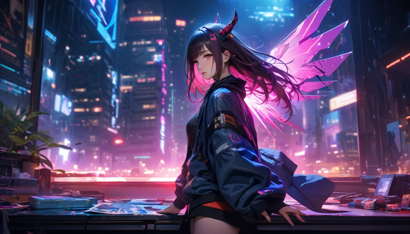 masterpiece, Best quality, 1 girl,photo, Studio photography, realistic:1.2, Cyberpunk girl with futuristic appearance, with mechanical wings and horns, sitting in a dynamic pose. She has dark hair with neon highlights, she is wearing a black outfit and a blue jacket.. The background is simple, Bright., Neon cityscape with blue and pink shades, emphasizing high technology, Sci-fi atmosphere. -- AR 3:4 --style 1000 --greater than 6、Wide buttocks、Эффект Тиндаллаmasuter piece、top quality、Highest standards、Highest image quality、Table、complex parts、a high resolution、depth of field、natural soft light、professional lighting、about, standing, very long hair, cowboy shot, brilliant, brilliant hair, (night:1.2),Dreamy, [[gentle fingers and hands:0.55]::0.85],(detailed fingers),),(emotional),(breathtaking),(main part:1.2) whole body.), (Anime Style), (Super Detailed), (brutal), (uhd, HDR), (8k), (High Resolution: 1.2), (Complex and Beautiful: 1.2)