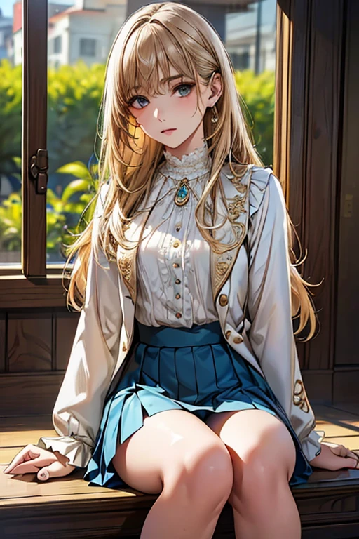 ((Highest quality)),(超High resolution),(Very detailed),(Detailed Description),((The best CG)),(masterpiece),Ultra-detailed art、(Highest quality、8k、32K、masterpiece)、(Realistic)、(Realistic:1.2)、(High resolution)、Very detailed、Very beautiful face and eyes、1 female、((Narrow eyes、Droopy eyes:1.4、fine grain))、Tight waist、Delicate body、(Highest quality、Attention to detail、Rich skin detail)、(Highest quality、8k、Oil paints:1.2)、Very detailed、(Realistic、Realistic:1.37)、Bright colors、
((Big eyes、Sharp jaw、Thin 目brows、Well-proportioned face))
((Straight long hair、The bangs are straight and fall on the forehead、Light brown or platinum blonde hair))、 Light skin tone、Smooth and healthy skin、
""tops:
White blouse(With ruffles)
Light blue jacket(Single Button)
Bottoms:
Light blue skirt(Flare、Knee-length)
accessories:
Gold pendant thin gold bracelet shoes:
Black ballet shoe detail:
Small embroidery on jacket pockets Blouse ruffles with lace trim""