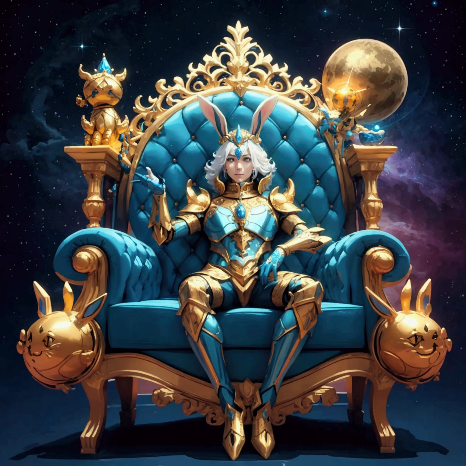 a majestic time deity with an anthropomorphic rabbit appearance, wearing intricate, glowing blue-accented armor, sitting on a golden throne with an intricate time staff, set against a vibrant, otherworldly landscape with swirling celestial bodies