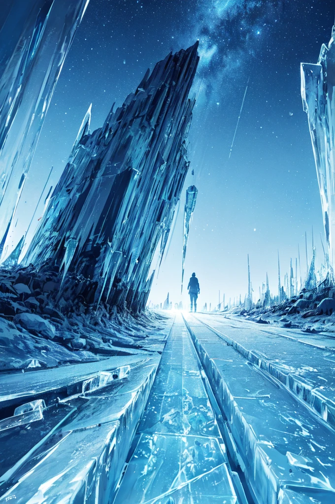 Backlight,cold,Ice storms,
(Blue Theme,Ice theme,Beautiful night sky,Glowing ice:1.3)
(masterpiece, best quality, Extremely detailed, Surrealism, photo), delicate patterned, Detailed background, Super detailed concept art,(dark:1.4), Dynamic Lighting, Faint light,High contrast,