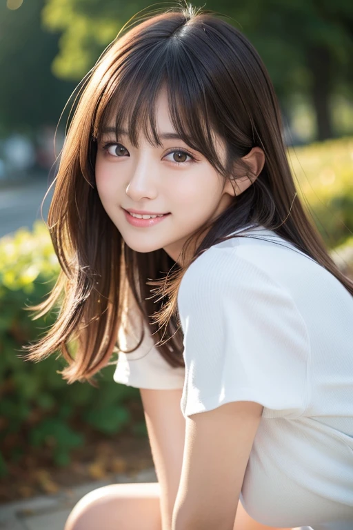 photo realistic,finely detail, hight resolution, hightquality、Perfect dynamic composition, Beautiful detailed eyes, Medium Hair, 、Natural Color Lip,Shibuya、25 years girl、1 persons、Transparent skin、Glowing hair、masutepiece, Best Quality, looking at viewer, smile,Ultra-detailed, finely detail, hight resolution, 8K、The correct state of the human body、crouching down、Gravure Model Pose,Hair soaring in the wind