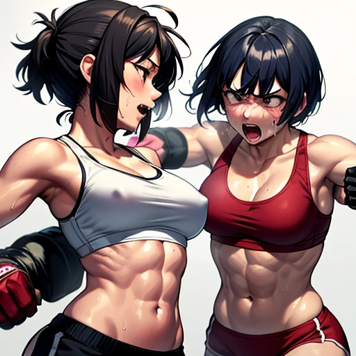 two females are fighting. a bloody japanese girl fighter and a lady fighter is fighting in the octagon ring. the lady is attacking the girl by uppercut. the lady is punching the girl's face so hard in a series . the girl has no energy. the girl is crying and screaming. the girl has short-cut black hair, shortness of breath, drool from her mouth, closed eye, exhaustion, and sweat soaked. open finger grobe. Muscularity. Six pack abs. Erect nipples. arm cover. sports-bra. high-leg shorts.