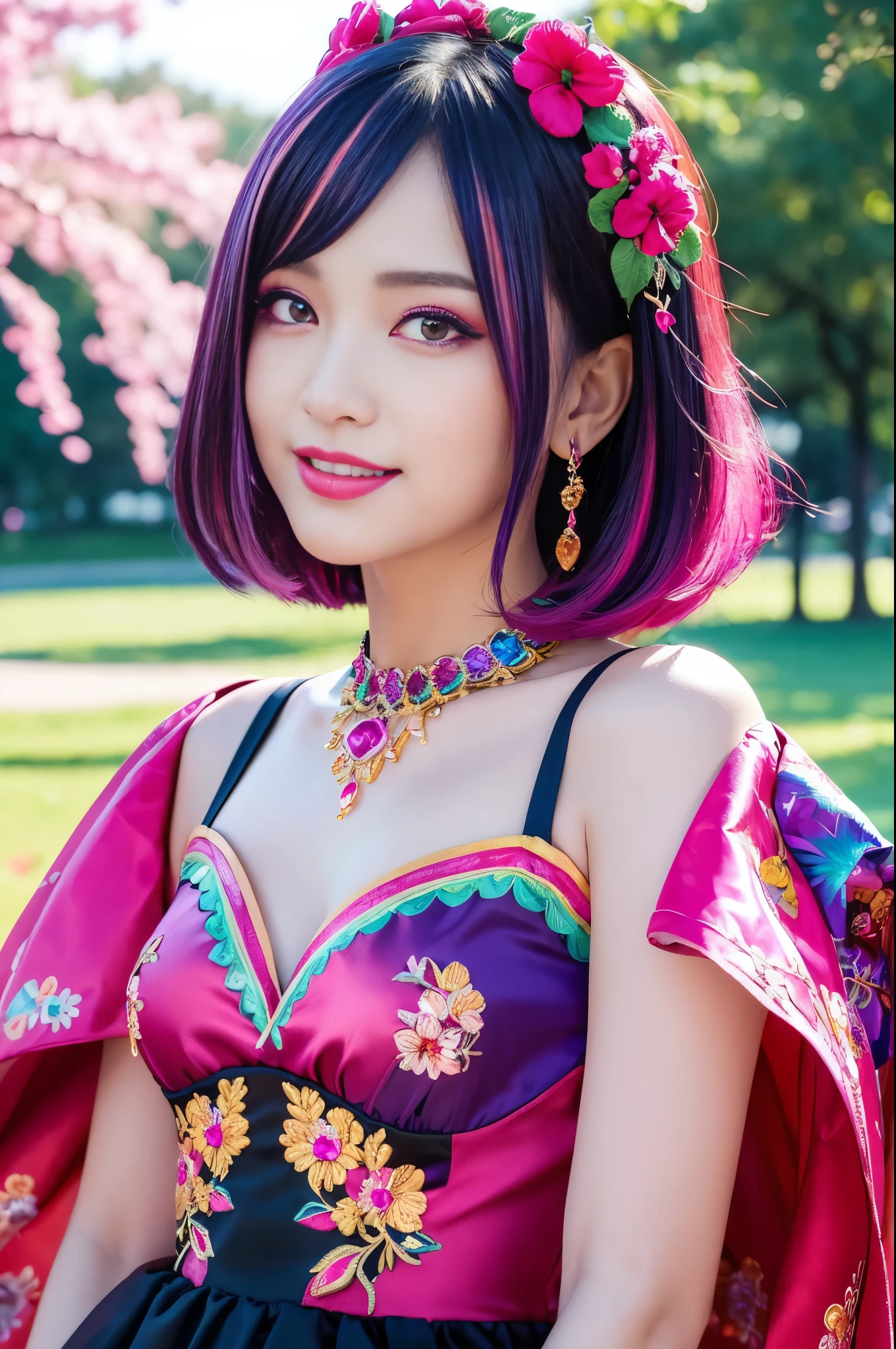 (masterpiece:1.4), (best quality:1.4), ultra high res, ultra high resolution, ((ultra detailed facial features)), HDR, (realistic, photorealistic, photo-realistic:1.37), full body Esbian, sexy Swedish model, (-anime), vivid colors, ((vivid colors multicolor (fuchsia, pink, light blue, purple) very short hair)), (big smile), ultra detailed metallic makeup, lip-gloss, long lashes, defined eyebrows, wearing large sparkling colorful jewelery, wearing a red silk Paradise Kiss cosplay dress with black floral embroidery, ((vivid colors outfit)), vivid colors, look at the camera, cinematic light, large park background with trees, sweet and sexy pose