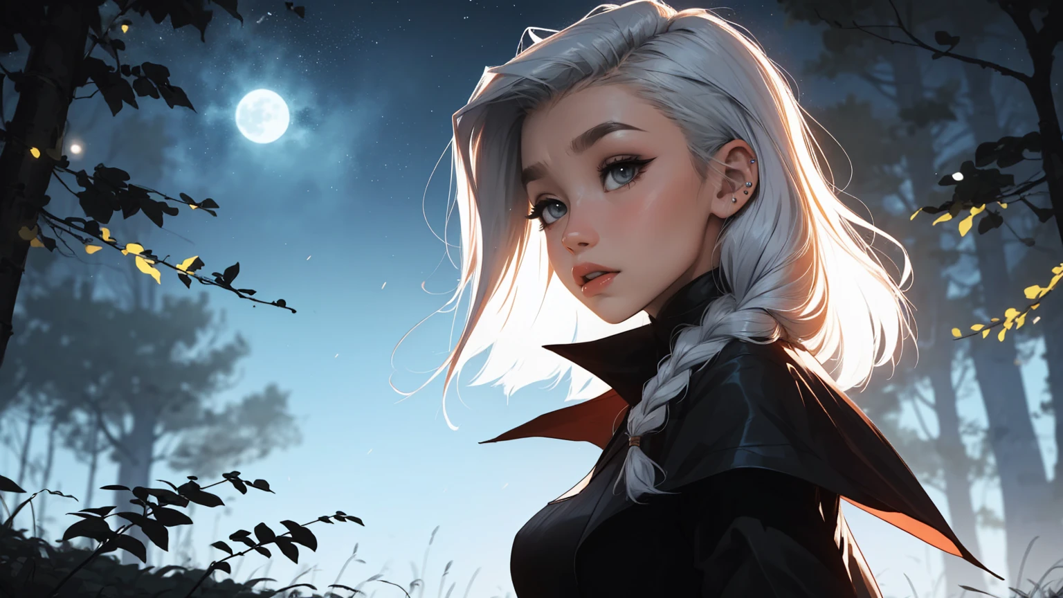masterpiece, Best quality, 1 girl,((​masterpiece)), (best quality),,(Dark Elf Witch), the face of Zendaya:Dua Lipa, pointy ears, grey skin, white hair, (High Top Fade Haircut), (a braid on one side of the head), ​masterpiece, dark forest in the background, Nebula, in the night time, Full moonlight, 8k, detailed digital art, Piercings., golden ratio composition, cowboy shot, brilliant, brilliant hair, (night:1.2),Dreamy, [[gentle fingers and hands:0.55]::0.85],(detailed fingers),),(emotional),(breathtaking),(main part:1.2) whole body.), (Anime Style), (Super Detailed), (brutal), (uhd, HDR), (8k), (High Resolution: 1.2), (Complex and Beautiful: 1.2)