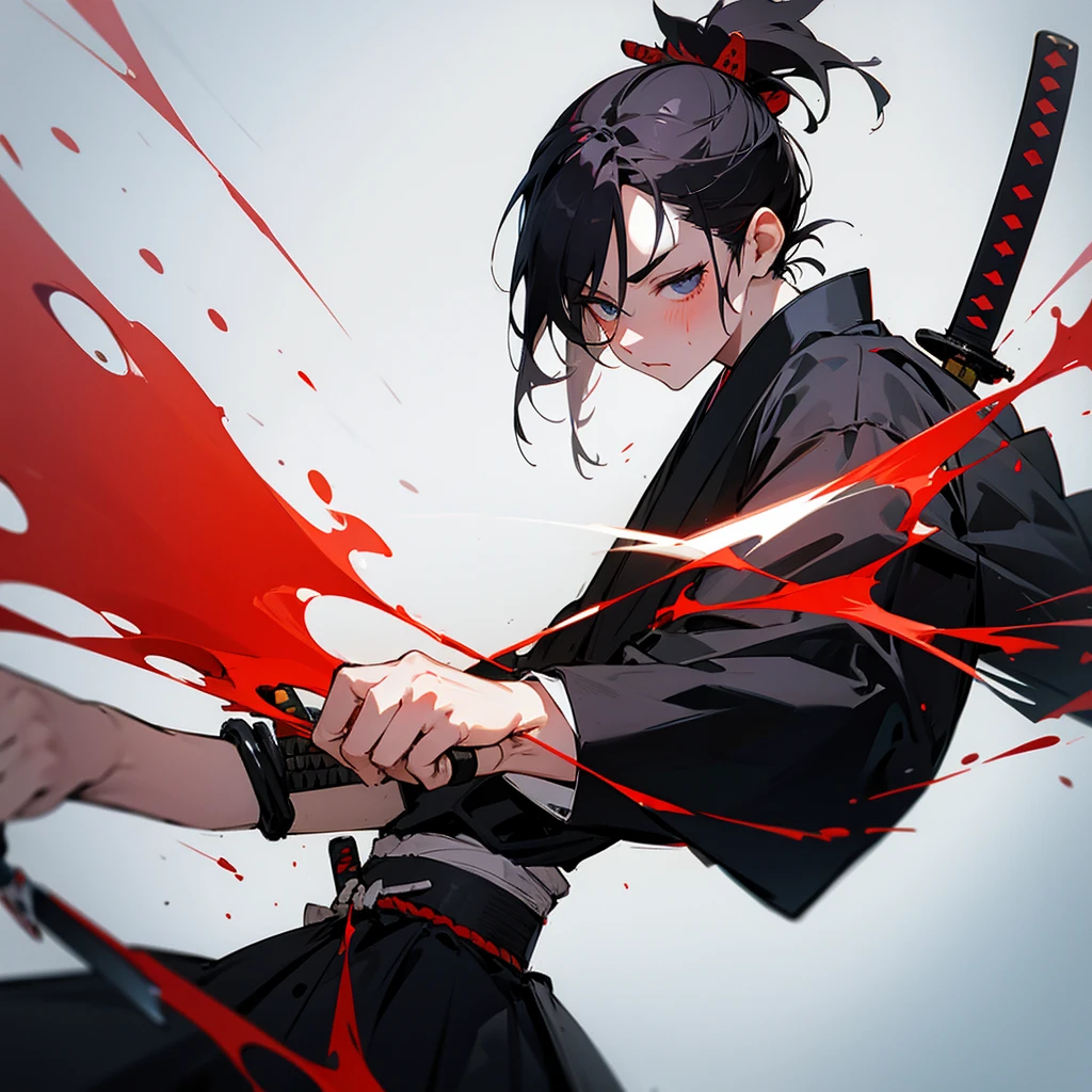 Samurai cleaning bloody katana 