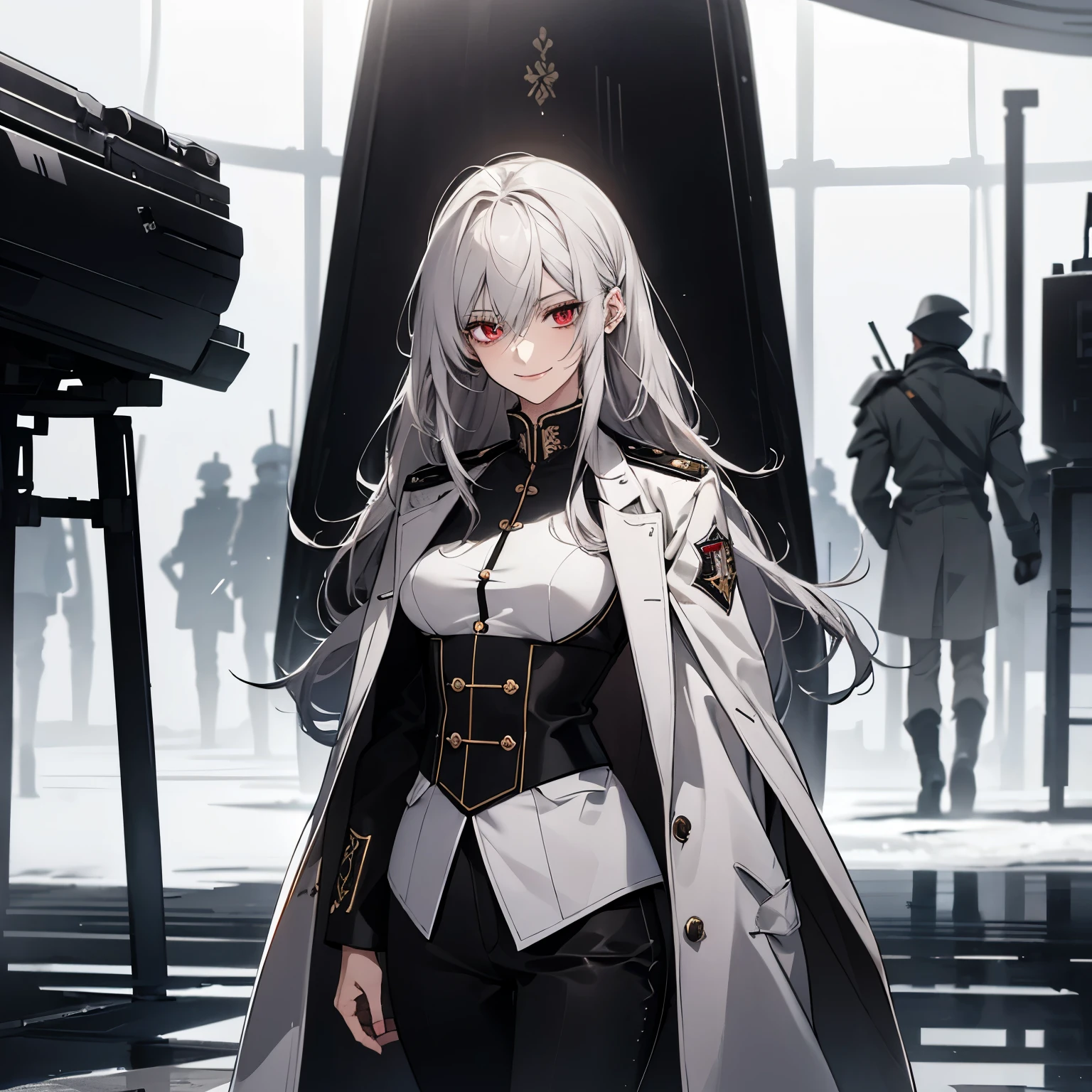 (Confused, High resolution, Very detailed), 1 female, Silver Hair,Long Hair,Bright red eyes,White and black military uniform,24th generation,beauty,mature,thin,quiet,Calm,A small smile,A kind smile,In front of people you like,Long coat,Slender and thin,boots,skinny pants,observatory,Small breasts,