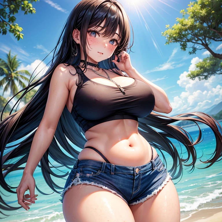 Kaori, Single model, solo, half Asian, half Latino, very long straight black hair, freckles, blushing, wet eyes, long chain pendant, very large heavy breasts, chubby, belly, stretchmarks, sports bra, booty shorts, long socks