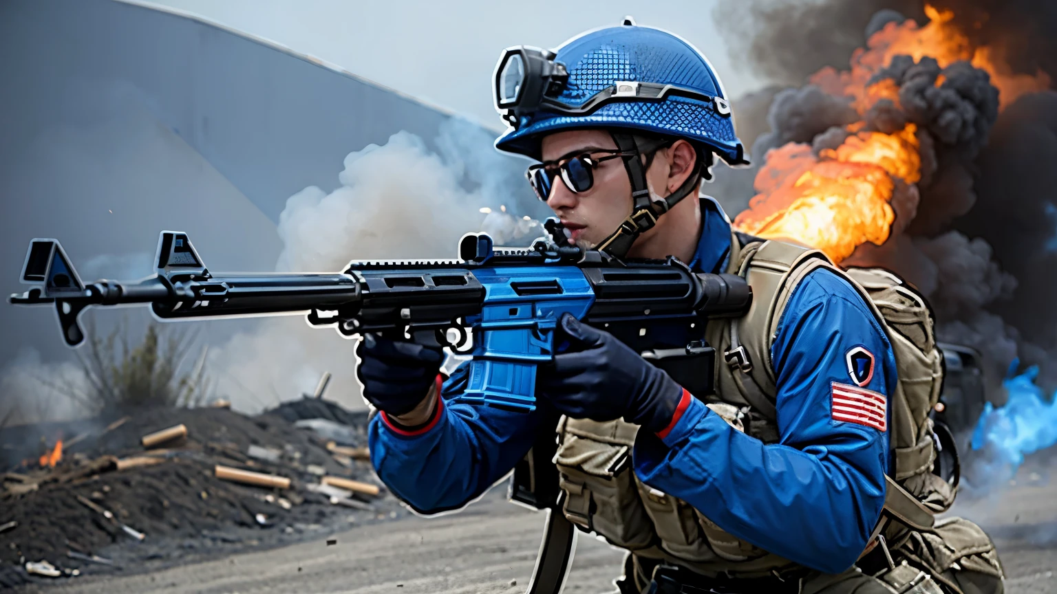 soldier in blue clothes, red rifle and smoke around as well as fire