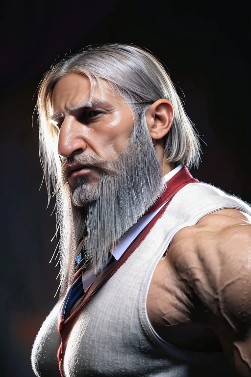 old man, long gray hair, thick gray beard, tanned skin color, dark olive skin color, dark brown skin, veins, long white beard, sharp hooked nose, nose is very pointy, old man with eagle like nose, enormous nose, absurdly big nose, long nostrils, bushy gray eyebrows, Wearing a tank top Muscles Wearing sunglasses Shoots rays from hands