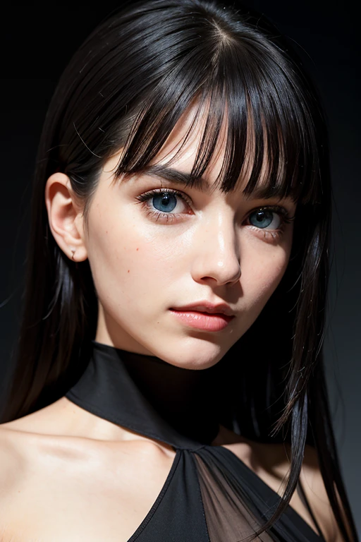RAW photo, face portrait photo of beautiful young female with long sleek black hair with bangs ((flat bangs)), blue eyes, 18ish girl, beautiful face, wearing black dress, smile face, closed mouth, not looking at viewer, hard shadows, cinematic shot, dramatic lighting.(Ultra Realistic), (Illustration), (Increased Resolution), (8K), (Extremely Detailed), (Best Illustration), (Beautiful and Detailed Eyes), (Best Quality), (Ultra Detailed), (Masterpiece ), ( wallpaper), (detailed face), solo, 1 girl, mature, age 25,looking at viewer, fine details, detailed face, in the dark, deep shadows, low key, pureerosfaceace_v1, smiling, long hair, black and white, shawl straight hair , 46 points oblique bangs, masterpiece, best quality, 35mm, 8k, absurdres, beautiful girl, (upper body, dark grey background:1.4), (black classical dress, black hair:1.6), slender, dark studio, rim lighting, ultra realistic, highres, photography, film grain, chromatic aberration, depth of field, sharp focus, HDR, facelight, dynamic lighting, cinematic lighting, professional shadow, dark shadow, highest detailed, extreme detailed, ultra detailed, finely detail, real skin, delicate facial features, detailed face and eyes, sharp pupils, realistic pupils, long black hair with bangs, black hair top, white hair undercolor, Split Hair Two Tone , Split Hair Two Tone black and white color hair,black hair, white hair, mix hair color,green eyes, white hair emerald eyes. white hair, platinum hair color, blue eye, Big Breasts.
