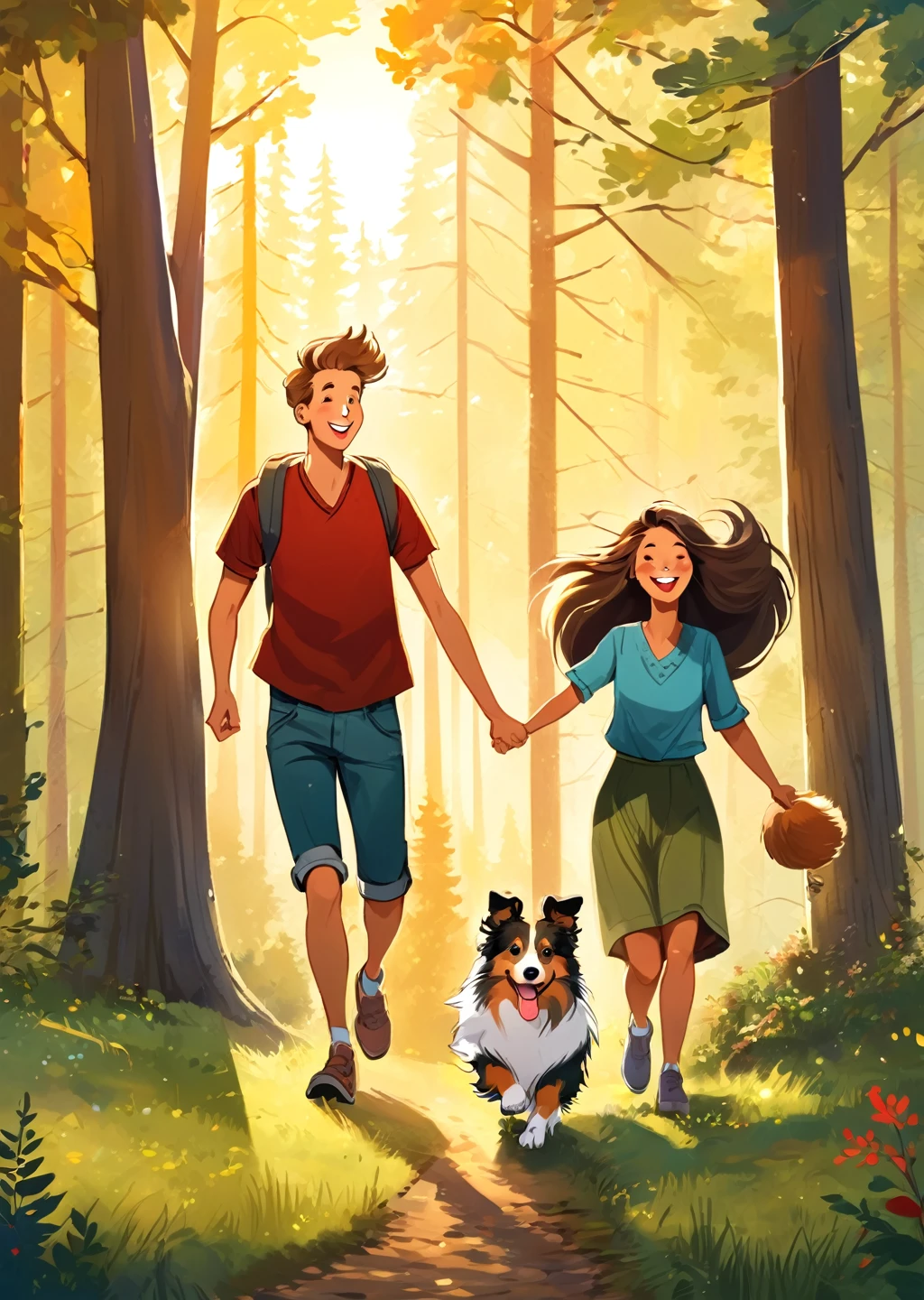 Forest cabin.
young couple. man Woman.
sheltie dog
joy
luck
chill
sun
love.
holiday
game of chase.
entertainment.
laughter