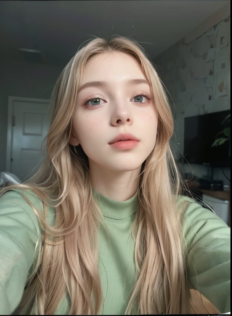 (masterpiece:1.2, best quality, photo of beautiful female, Russian girl, 30yo, Photorealistic, Hyperrealistic, Hyperdetailed) , analog style, low cut, detailed skin, White skin, soft pink lighting, subsurface scattering, realistic, pink lips, masterpiece, best quality, ultra realistic, 8k, golden ratio, Intricate, High Detail, film photography, soft focus, hands behind head, long blonde hair, green eyes, green clothes