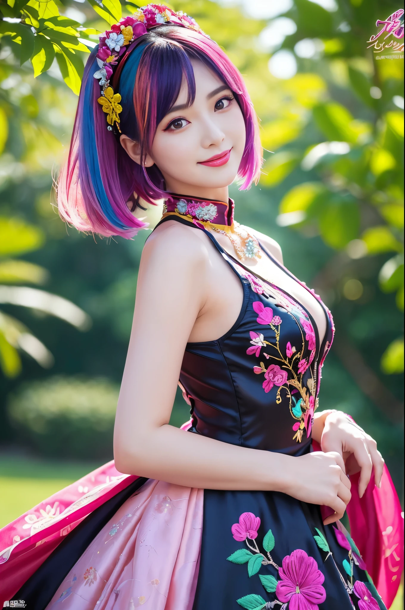 (masterpiece:1.4), (best quality:1.4), ultra high res, ultra high resolution, ((detailed features)), HDR, (realistic, photorealistic, photo-realistic:1.37), full body Esbian, sexy Vamese model, (-anime), only 1 model, vivid colors, ((vivid colors multicolor (fuchsia, pink, light blue, purple) very short hair)), (big smile), lip-gloss, long lashes, defined eyebrows, wearing large sparkling colorful jewelery, wearing a red silk Paradise Kiss cosplay dress with black floral embroidery, ((vivid colors outfit)), vivid colors, look at the camera, cinematic light, large park background with trees, sweet and sexy pose