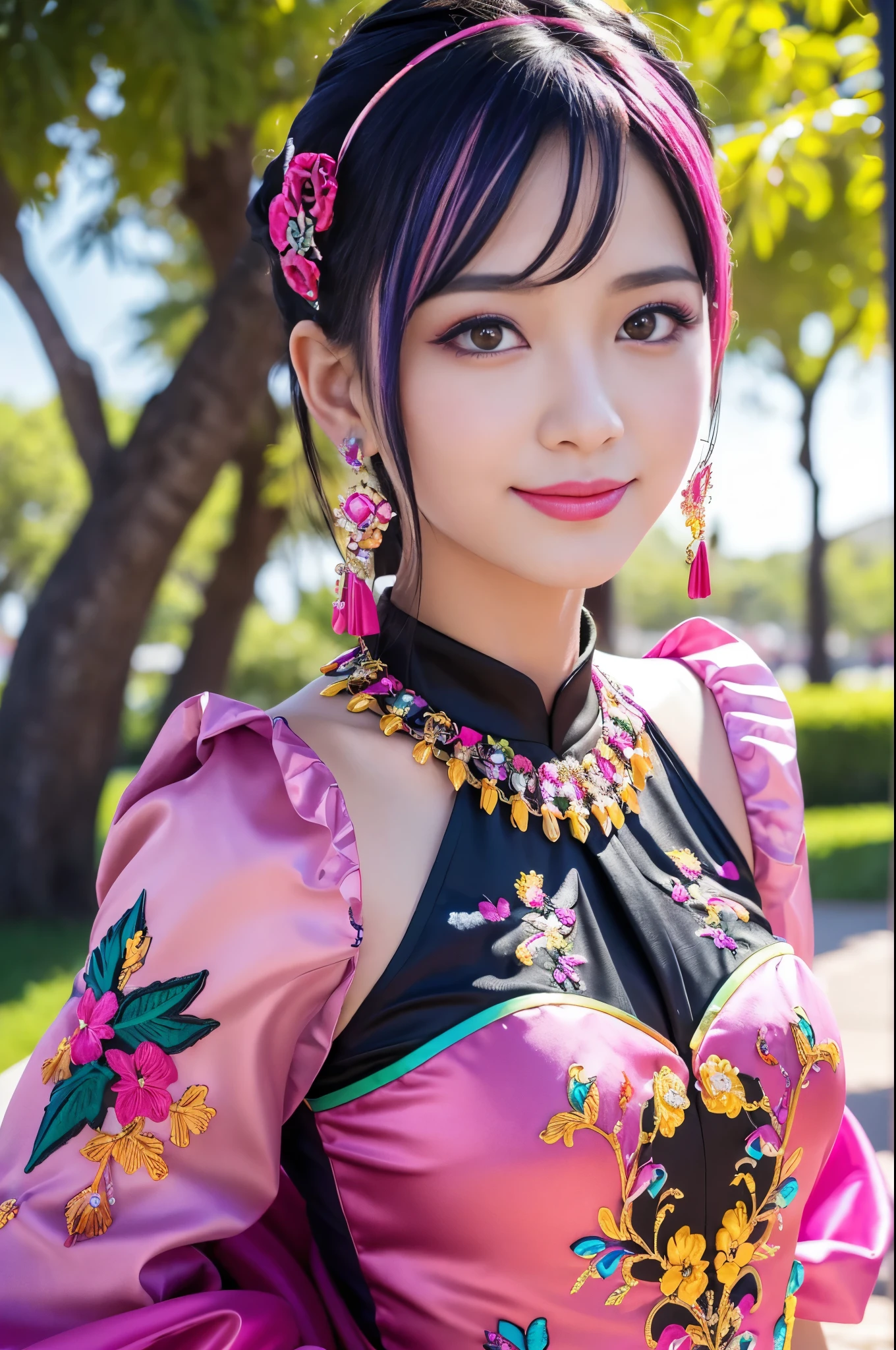 (masterpiece:1.4), (best quality:1.4), ultra high res, ultra high resolution, ((detailed facial features)), HDR, (realistic, photorealistic, photo-realistic:1.37), full body Esbian, sexy Vietnamese model, (-anime), only 1 model, vivid colors, ((vivid colors multicolor (fuchsia, pink, light blue, purple) very short hair)), (big smile), lip-gloss, long lashes, defined eyebrows, wearing large sparkling colorful jewelery, wearing a red silk Paradise Kiss cosplay dress with black floral embroidery, ((vivid colors outfit)), vivid colors, look at the camera, cinematic light, large park background with trees, sweet and sexy pose