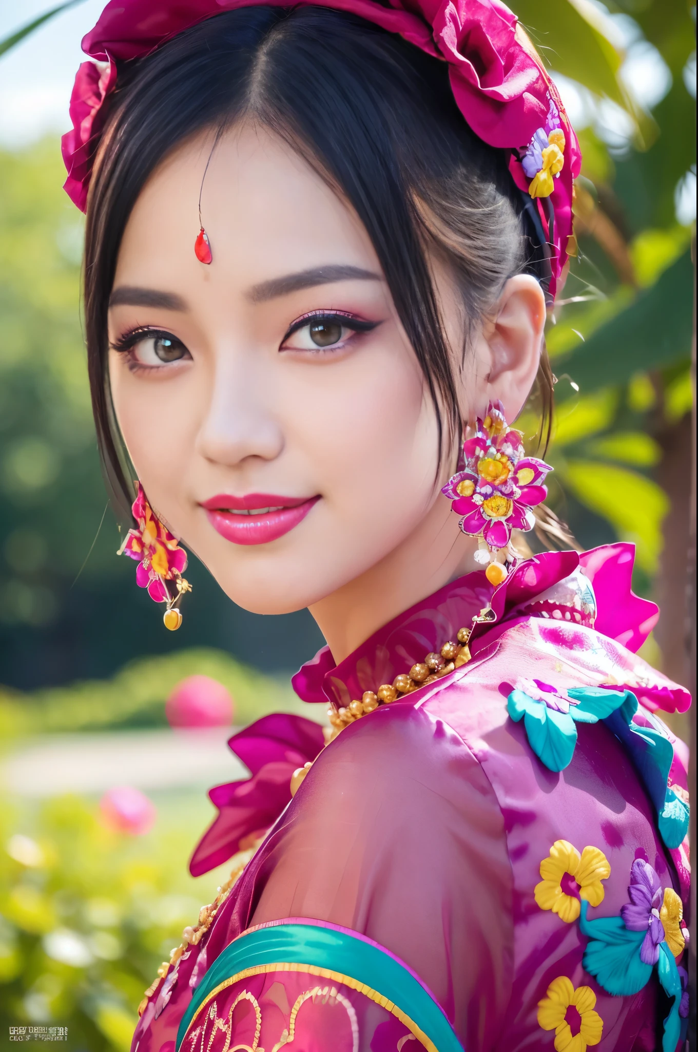 (masterpiece:1.4), (best quality:1.4), ultra high res, ultra high resolution, ((detailed facial features)), HDR, (realistic, photorealistic, photo-realistic:1.37), full body Esbian, sexy Vietnamese model, (-anime), only 1 model, vivid colors, ((vivid colors multicolor (fuchsia, pink, light blue, purple) very short hair)), (big smile), lip-gloss, long lashes, defined eyebrows, wearing large sparkling colorful jewelery, wearing a red silk Paradise Kiss cosplay dress with black floral embroidery, ((vivid colors outfit)), vivid colors, look at the camera, cinematic light, large park background with trees, sweet and sexy pose
