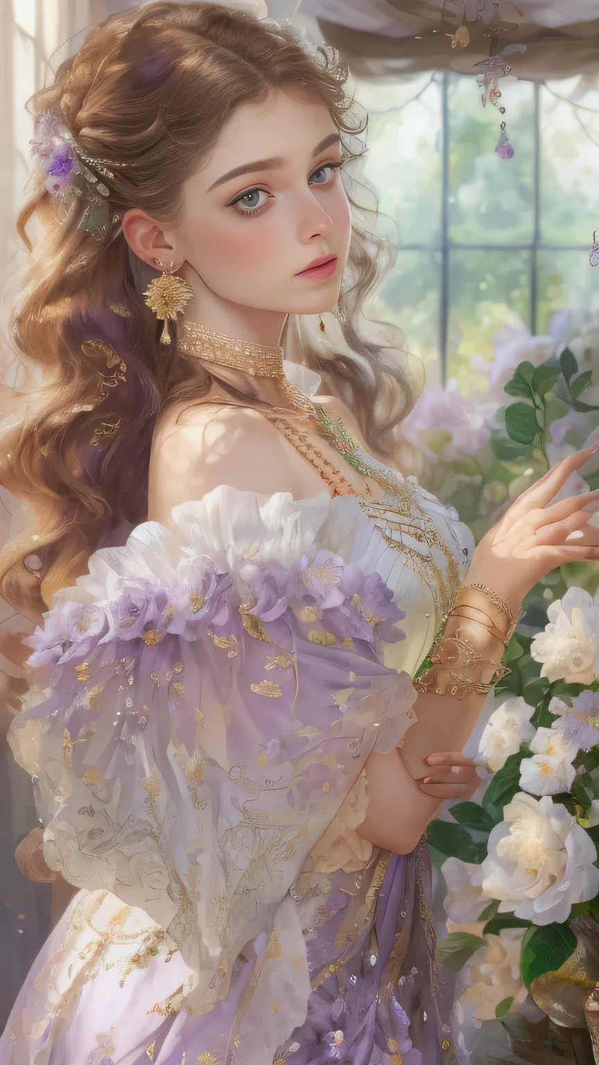 (Best Quality, 4K, 8K, High Resolution, Masterpiece: 1.2), ultra-detailed and realistic half-body of an 18-year-old French aristocratic girl, exquisite facial features, green eyes, full mouth, long brown hair details and curly expressed, the posture is relaxed and natural, graceful posture, Dreamy atmosphere, expressive brushstrokes, mystical atmosphere, Artistic interpretation, Hair delicately curled, Floral jewelry with exquisite details, Amethyst jewelry, earrings and necklace, floral transparent fabric robes, Aesthetics small and fresh, Stunning and intricate costumes, Fantasy illustration, Subtle colors and tones, mystical aura, Details have been updated