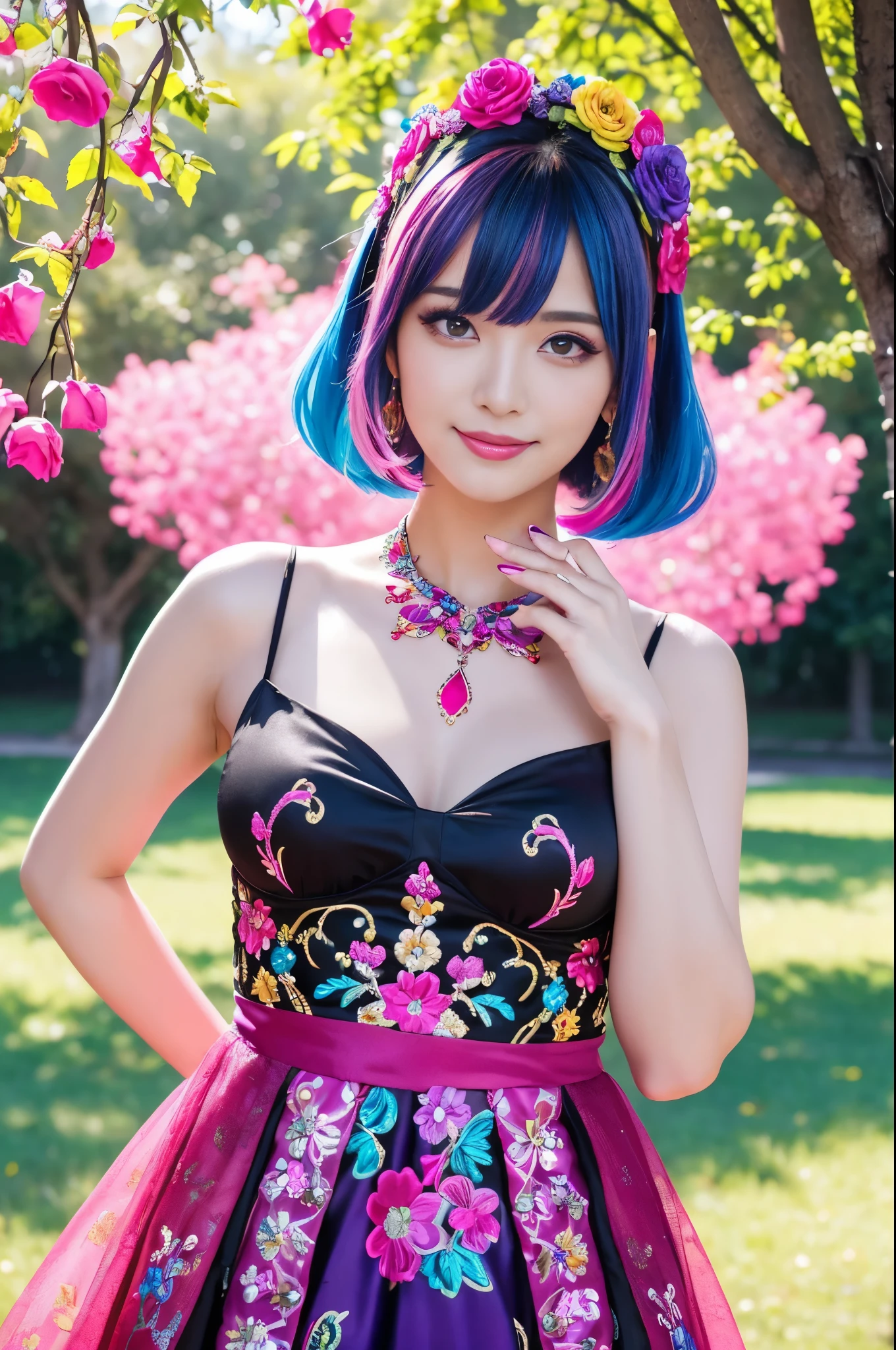 (masterpiece:1.4), (best quality:1.4), ultra high res, ultra high resolution, ((ultra detailed facial features)), HDR, (realistic, photorealistic, photo-realistic:1.37), full body Esbian, sexy Swedish model, (-anime), vivid colors, ((vivid colors multicolor (fuchsia, pink, light blue, purple) very short hair)), (big smile), ultra detailed metallic makeup, lip-gloss, long lashes, defined eyebrows, wearing large sparkling colorful jewelery, wearing a red silk Paradise Kiss cosplay dress with black floral embroidery, ((vivid colors outfit)), vivid colors, look at the camera, cinematic light, large park background with trees, sweet and sexy pose