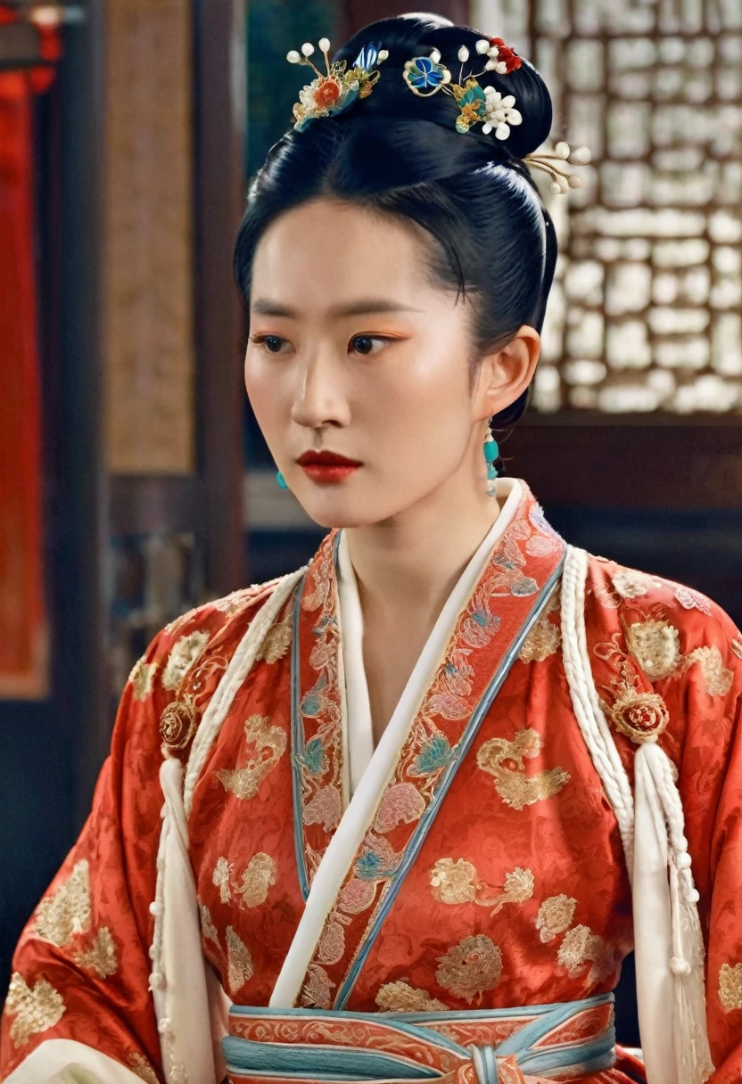Chinese actress Ruyi Den's Jyou Xun (Zhou Xun) similar face Qing Dynasty empress seen from front full body empress red costume open and out looking big breasts and hairy pussy.
Hair style of Chinese empress with large crown, hair parted from center of forehead to left and right, tied back, hair tied up with ornamental hair, outside stone tatami of Chinese palace of Qing Dynasty.