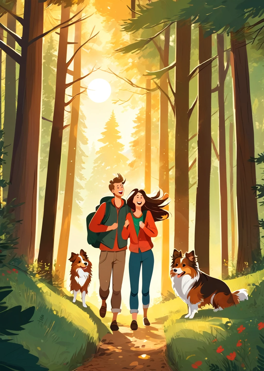 Forest cabin.

young couple. man Woman.
sheltie dog
joy
luck
chill
sun
love.
holiday
game of chase.
entertainment.
laughter
Forest cabin.