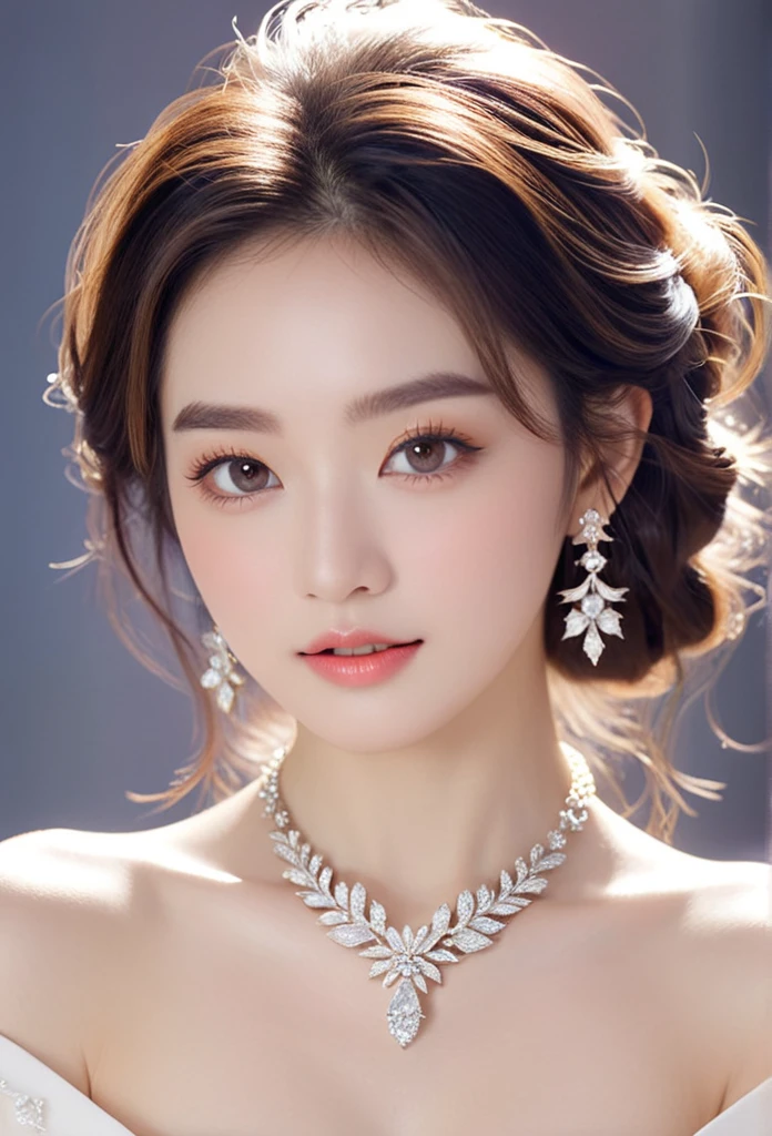 A goddess who unleashes an aura of love and light Beautiful face facing the front Beautiful Diamond Necklace Clear skin and radiance々Hair
