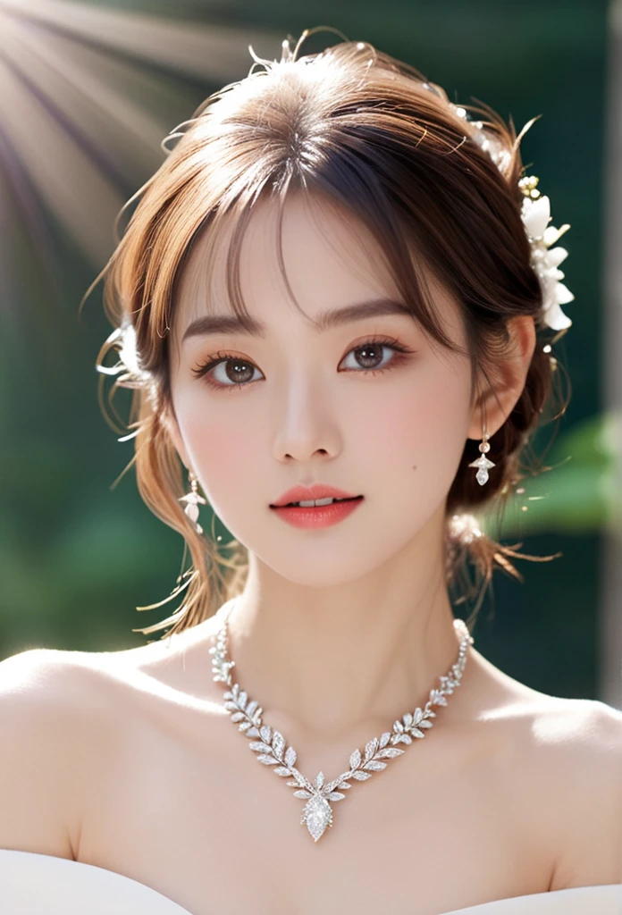 A goddess who unleashes an aura of love and light Beautiful face facing the front Beautiful Diamond Necklace Clear skin and radiance々Hair