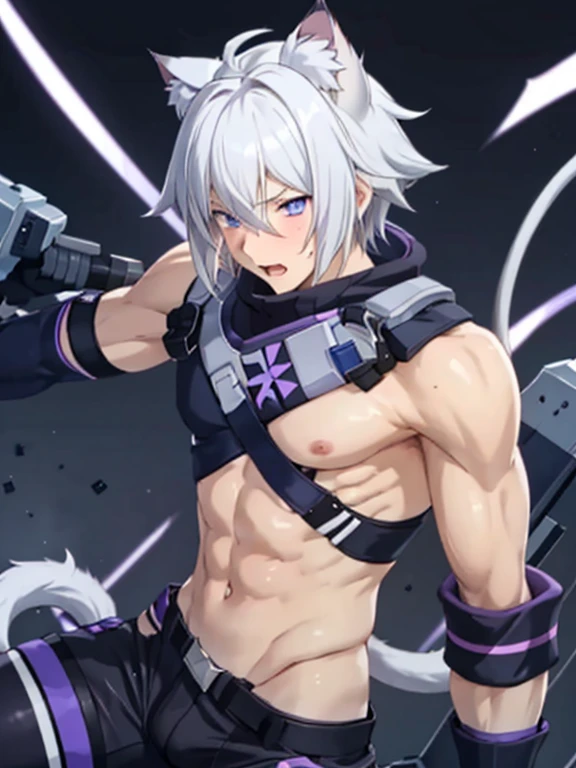 ung person,alone,18-year-old,male,Shocked facial expression,blush,good looking,White hair Blue eyes,Purple eyes, Cat ear Side view Kneeled Open your mouth and scream suffer Sleeveless, wistful expression Exposure to electricity Get it Thick tail Upper body naked Raised to be sexy Arms up Black pants