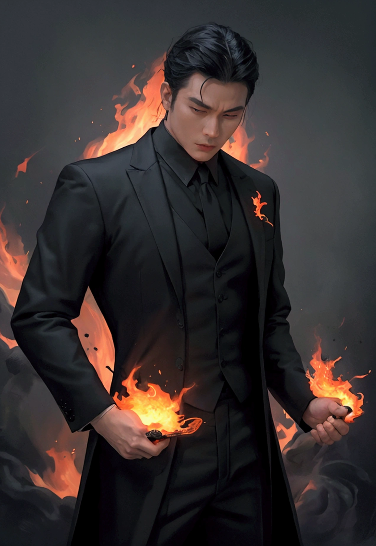 (best quality), Oriental detailed background, The man in the black suit has the power of flame
