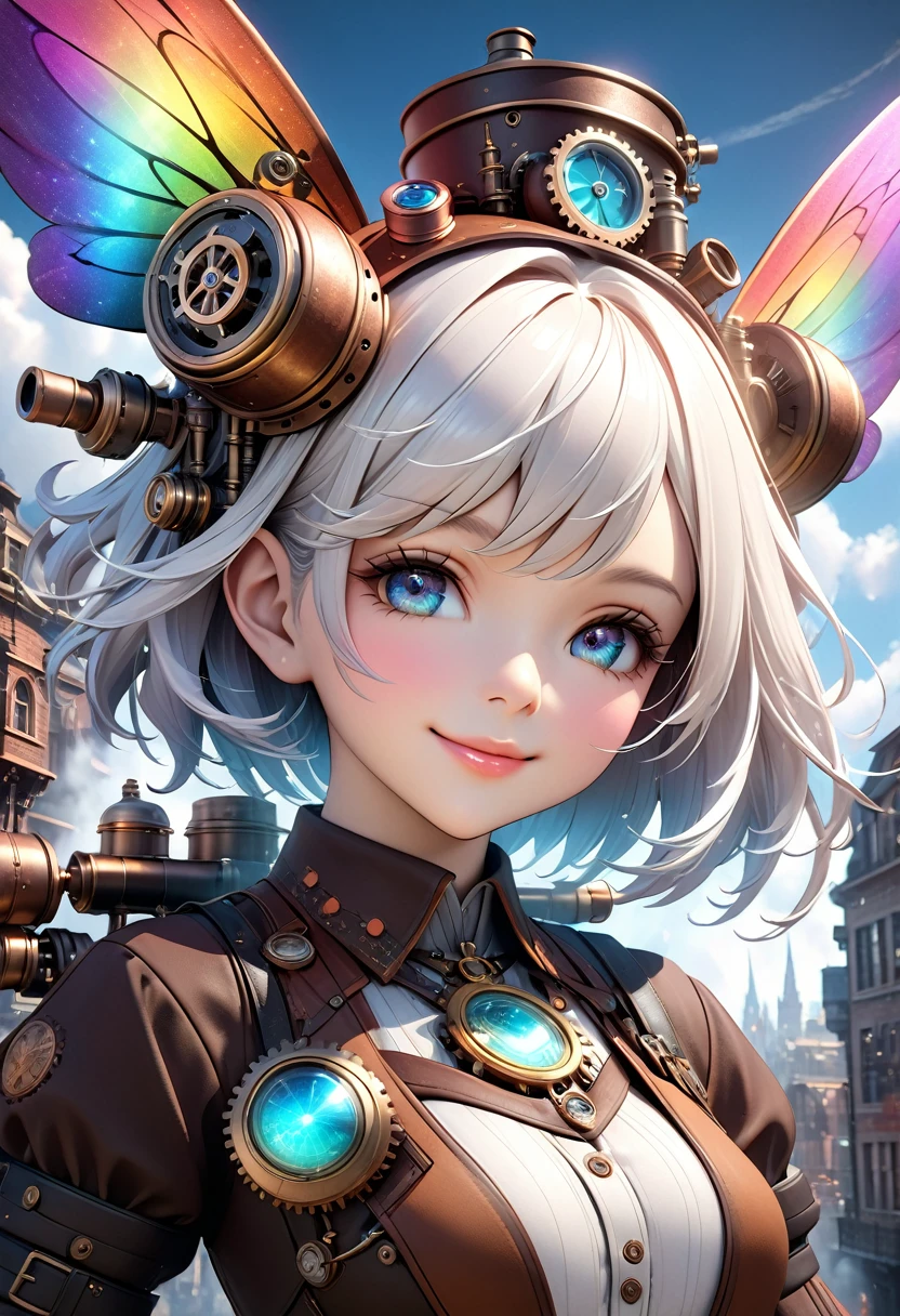 steampunk fantasy 3d cg concept art, detailed portrait of a cute fairy girl with short white hair, mechanical body powered by steam, floating in sky with fantastic rainbow holographic effect wings, proud smile looking down on steampunk cityscape with steam coming from mechanical devices, extremely detailed face with beautiful eyes, lips, and long eyelashes, highly realistic steampunk-style machinery, fantastic steam and holographic wing effects, ultra high quality 8k resolution, masterpiece, best quality, ultra detailed, physically based rendering, sharp focus, professional