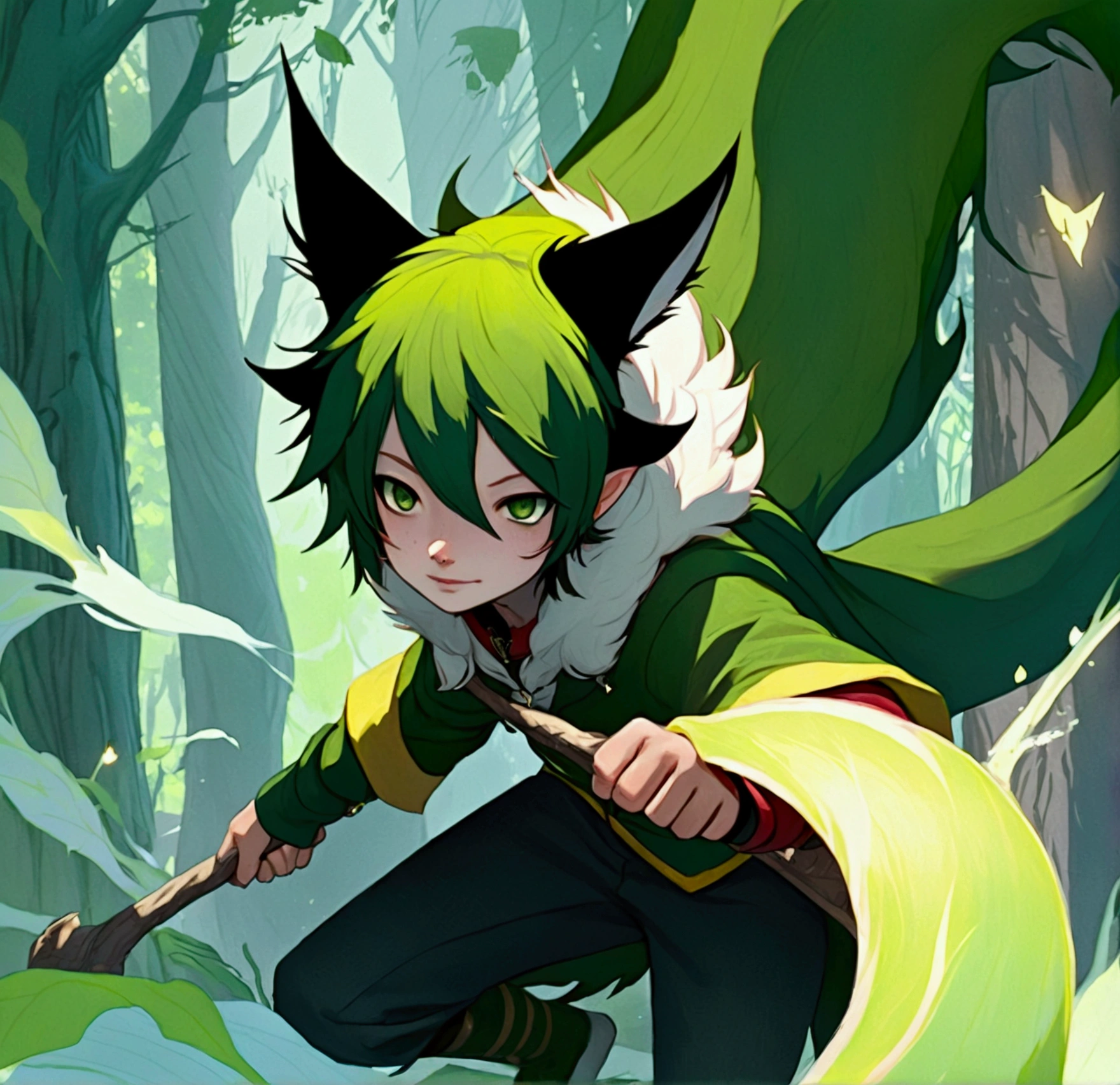 fox boy, 12 years old, forest beast, humanoid, 1 head, long hair, yellow hair, gray eyes, blue cloak, short cloak