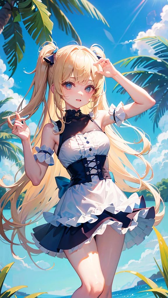 ((Best Quality)), (ultra-detailliert), ((Extremely detailed)), (Beautiful), ((Kawaii Girl)),  ((UHD)), (masterpiece), (high quality), (best quality), (4K), (high quality), 1, solo girl, 1girl, ((platinum blond hair)), parted bangs, ((hair intakes)), long hair, (hair two side up long), ((jade colored eyes)), slanted eyes, large breasts, slender body, lite blue frilled bikni, (strings frilled) bikini, Pool Background, (blue sky:1.3), solar, sunlight, anime
