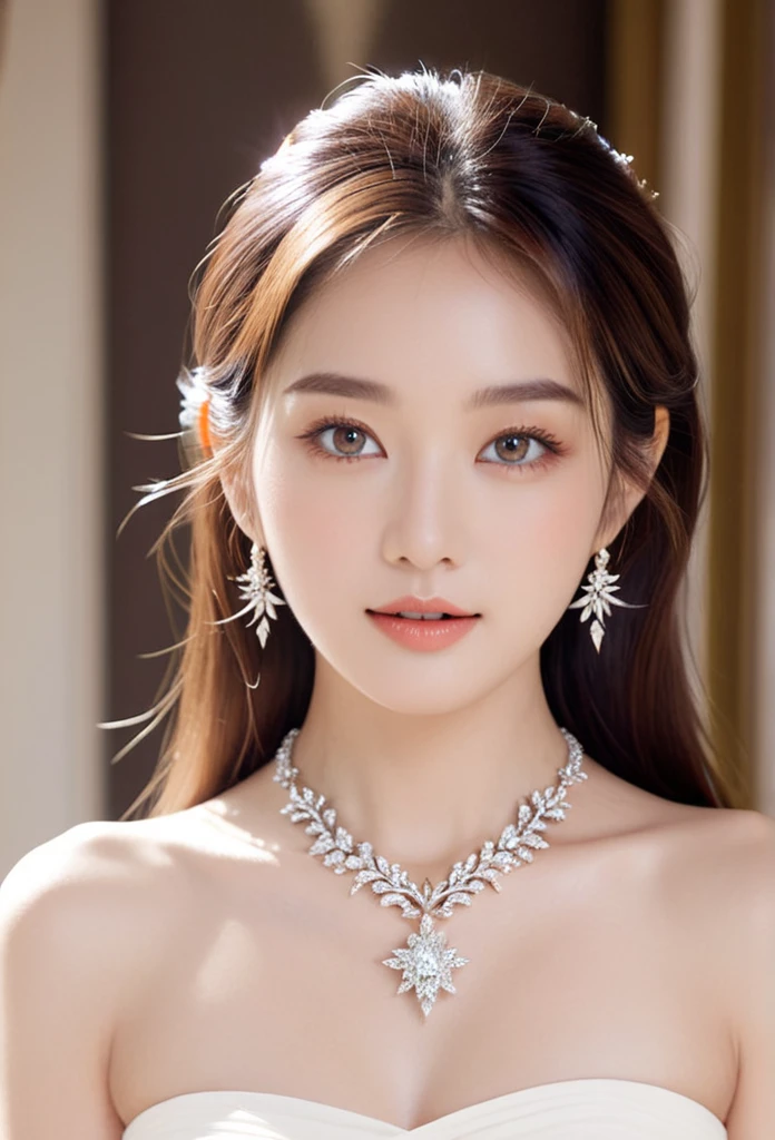 A goddess who unleashes an aura of love and light　Beautiful face facing the front　Beautiful Diamond Necklace　Clear skin and radiance々Hair
