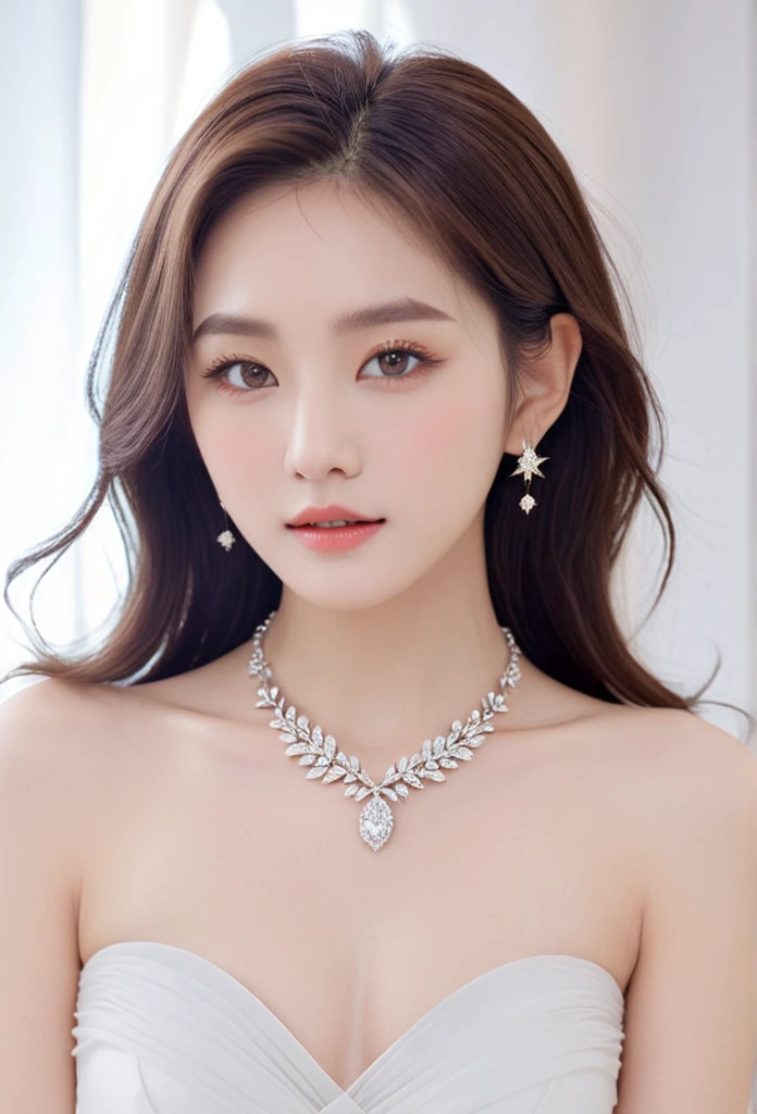 A goddess who unleashes an aura of love and light Beautiful face facing the front Beautiful Diamond Necklace Clear skin and radiance々Hair