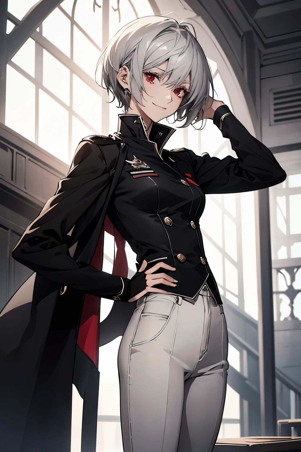 (Confused, High resolution, Very detailed), 1 female, Silver Hair,Short Hair,Bright red eyes,White and black military uniform,24th generation,beauty,mature,thin,quiet,Calm,A small smile,A kind smile,In front of people you like,Long coat,Slender and thin,boots,skinny pants,observatory,Small breasts,