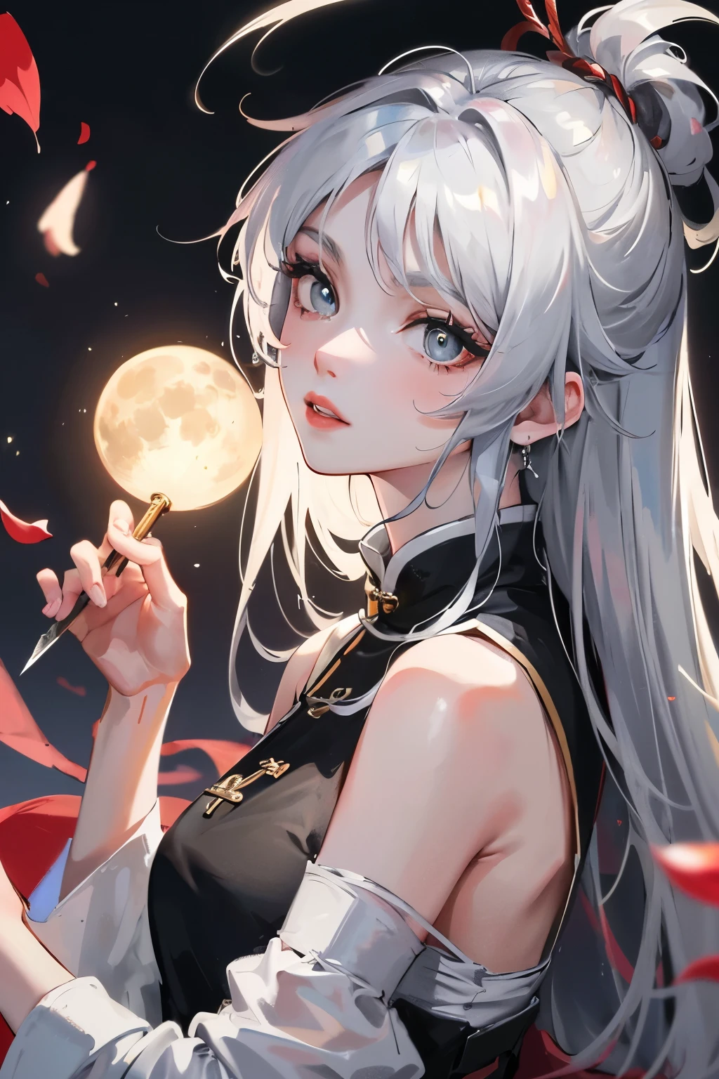 8k, masterpiece, best quality, natta, full moon, 1 girl, Chinese style, Chinese architecture, abandoned ship ,adult woman, Sister, silver white Long haired woman, Long hair, light pink lips, quiet, rational, bangs, grey pupils, assassin, fan, Knife fan, Petal dancing, tender face