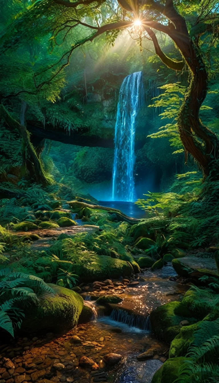 enchanted forest at twilight, ethereal light filtering through ancient towering trees, vividly detailed lush undergrowth, mystical creatures lurking in the shadows, sparkling fairy lights weaving through the foliage, a crystal-clear stream with water so pure it glows, cascading waterfall in the background with magical properties, fantasy wildlife drinking at the water's edge, highly detailed, photorealistic textures on every surface, soft diffused lighting creating a serene atmosphere, high dynamic range, ultra HD 8K resolution, depth of field emphasizing the magical focus points, art by Thomas Kinkade and Roger Dean, immersive, otherworldly beauty captured in cinematic quality,