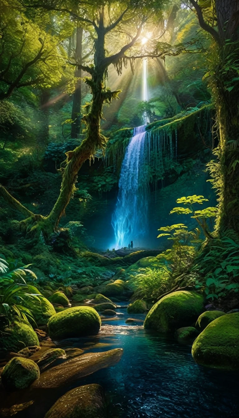 enchanted forest at twilight, ethereal light filtering through ancient towering trees, vividly detailed lush undergrowth, mystical creatures lurking in the shadows, sparkling fairy lights weaving through the foliage, a crystal-clear stream with water so pure it glows, cascading waterfall in the background with magical properties, fantasy wildlife drinking at the water's edge, highly detailed, photorealistic textures on every surface, soft diffused lighting creating a serene atmosphere, high dynamic range, ultra HD 8K resolution, depth of field emphasizing the magical focus points, art by Thomas Kinkade and Roger Dean, immersive, otherworldly beauty captured in cinematic quality,