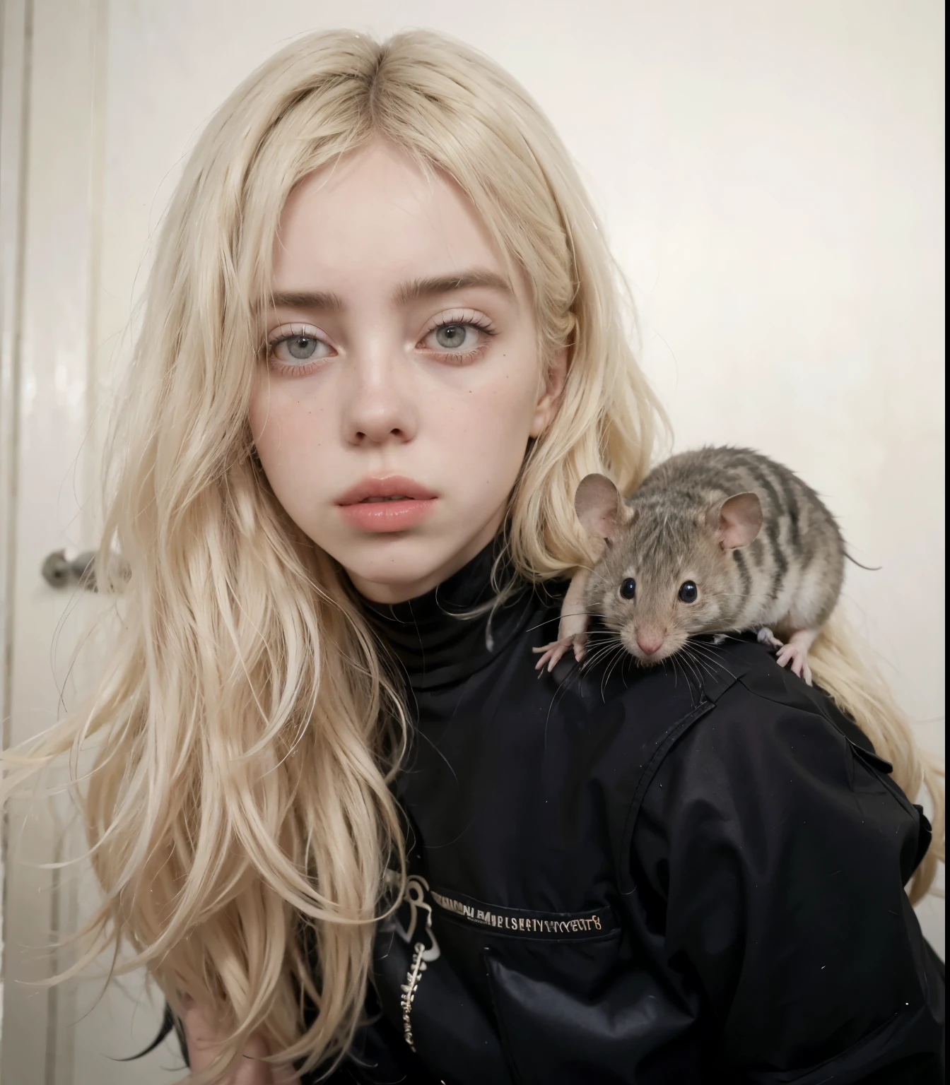 Billie with a mouse on her shoulder, Billie Eilish with a rodent mouse on her shoulder