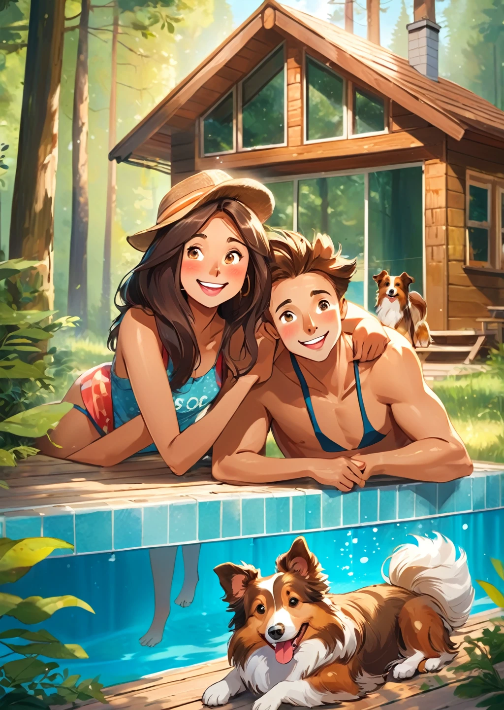 Forest cabin.
young couple. man Woman.
one sheltie dog
joy
luck
chill
sun
love.
holiday
entertainment.
laughter
Forest cabin.
Outdoor swimming pool.