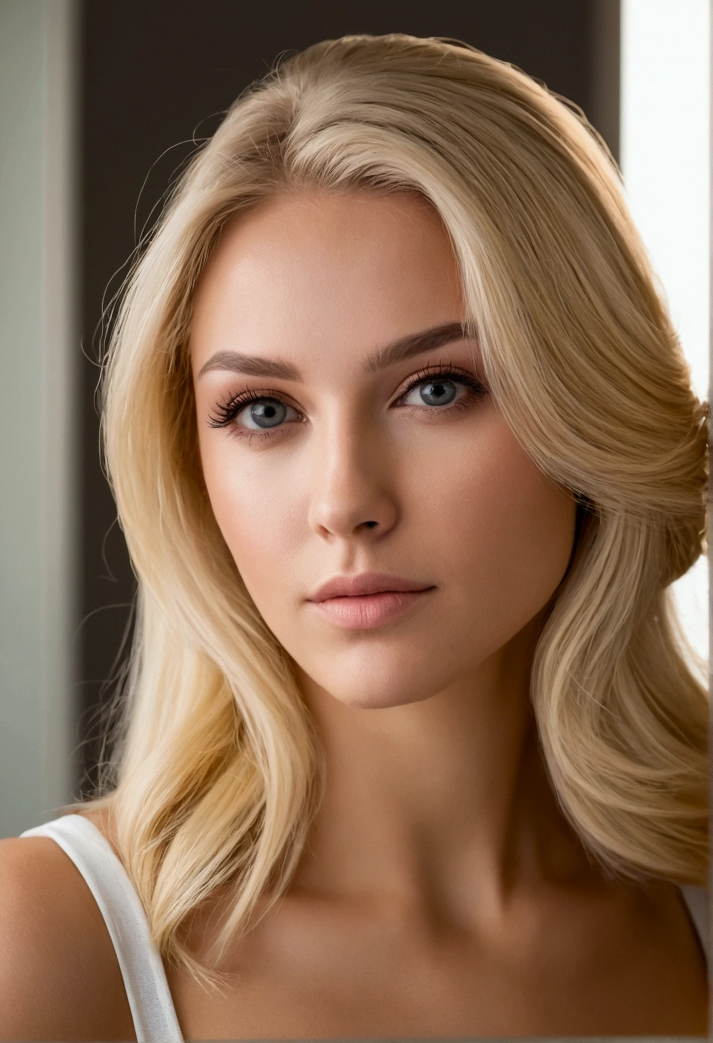 Femme blonde aux cheveux longs et haut blanc se regardant dans le miroir, mulher belle blonde, photo de portrait douce 8k, une belle blonde, Femme blonde, Caractéristiques blondes et attrayantes, belle blonde, photo d'une belle femme, blonde belle jeune femme, Déesse blonde, Photographie 4K de glamour, close up de uma Femme blonde, femme suédoise blonde, sexy avec de longs cheveux blonds meilleure qualité, partie maîtresse, ultra haute résolution, photoréaliste, 1fille, hors de l'épaule, sourir