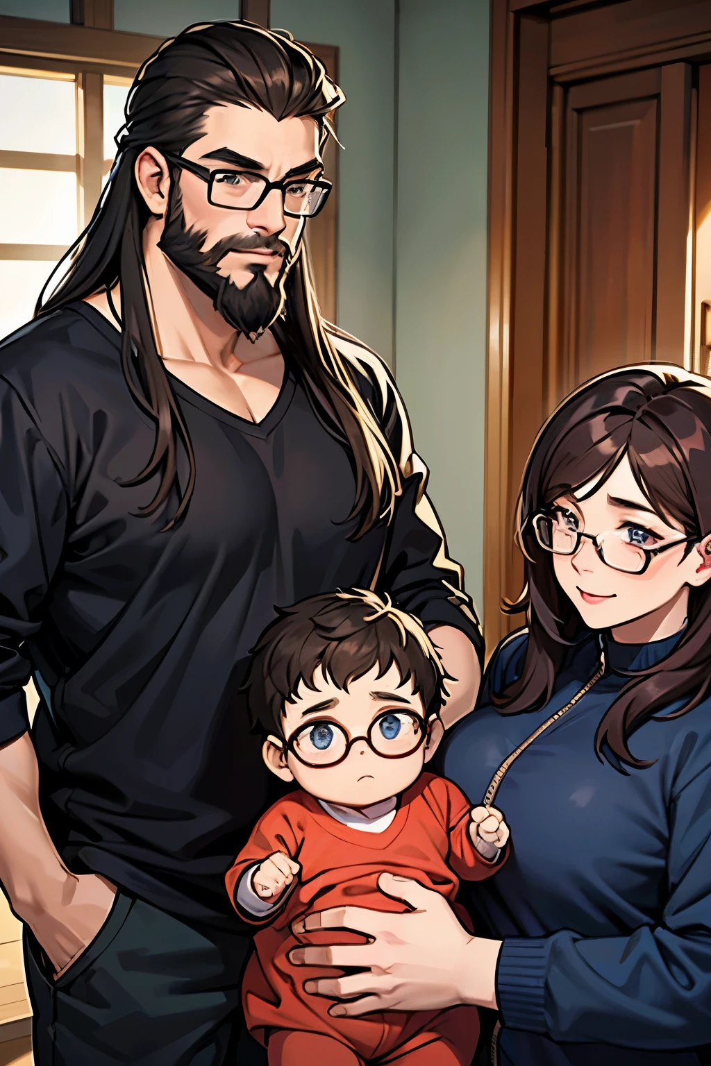 A family composed of the mother, the father and the son. The father is of thick build ,He wears glasses and a beard under his chin., The mother is short and has long hair.. The  is a 5-month-old baby boy.. 