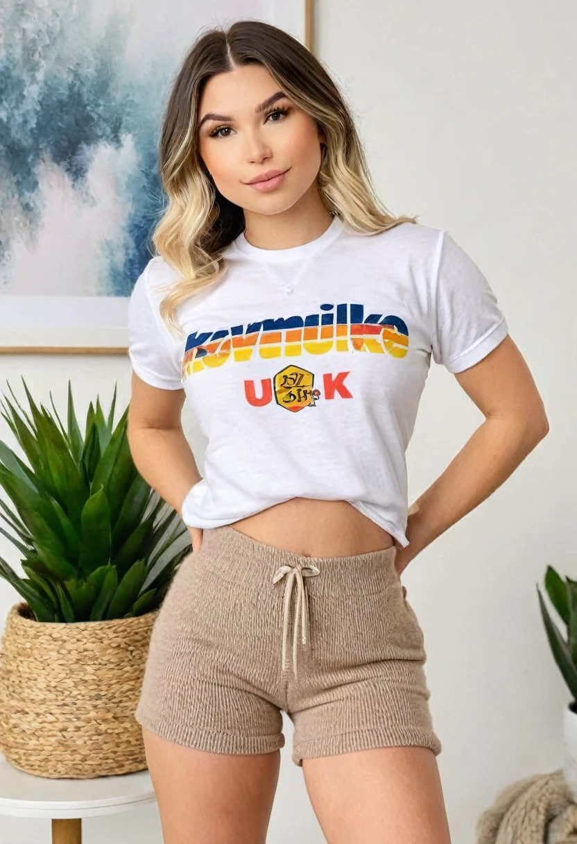 (((high quality:1.2))), Work of art, (8k), extremely detailed, ((High detail:1.2)) ((best resolution)), (Hotlexi woman), (Kenzie Reeves), Solo, ((24 years old brunette female)), (T-shirt, cute puffy wool shorts), (standing, close),