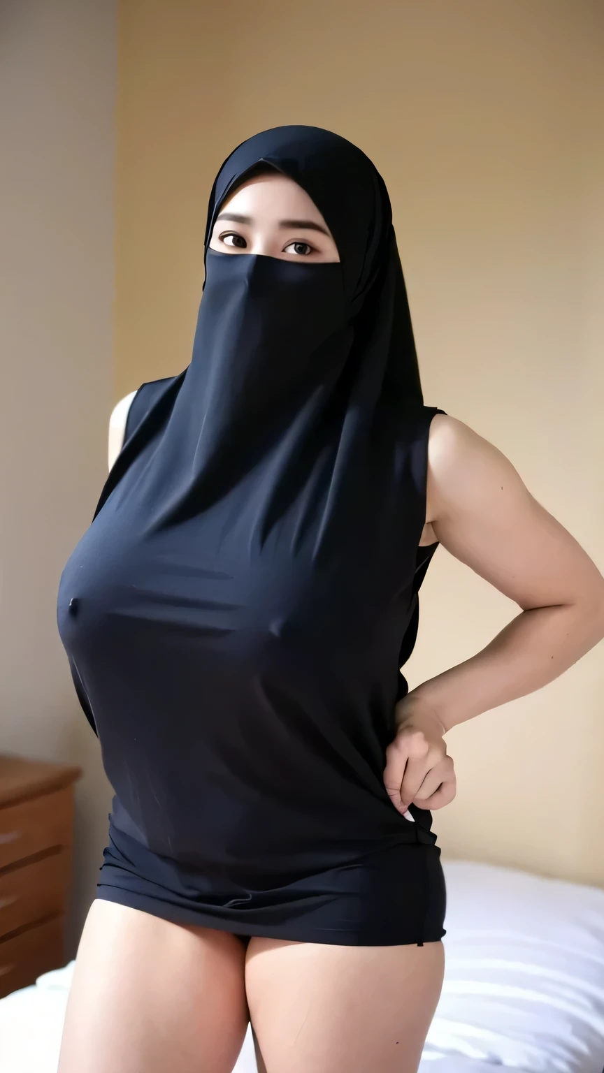  a beautiful young woman hijab, (((super big breast))), (very big breast covered), (Big breast), bare breast, perfect face, (((very huge big breast,))), ((( Big Breast))), wearing sleeveless long dress muslim, (((covering breast, long veil))), Slim Face、25 years old, stil young, Pretty Lady, curvy shaped body, fat arms, enormous hips, big ass, fat belly, armpit showing, holding her breast, cameltoe, fat vagina, smile eyes, standing, bedroom, (big breast covered), front view