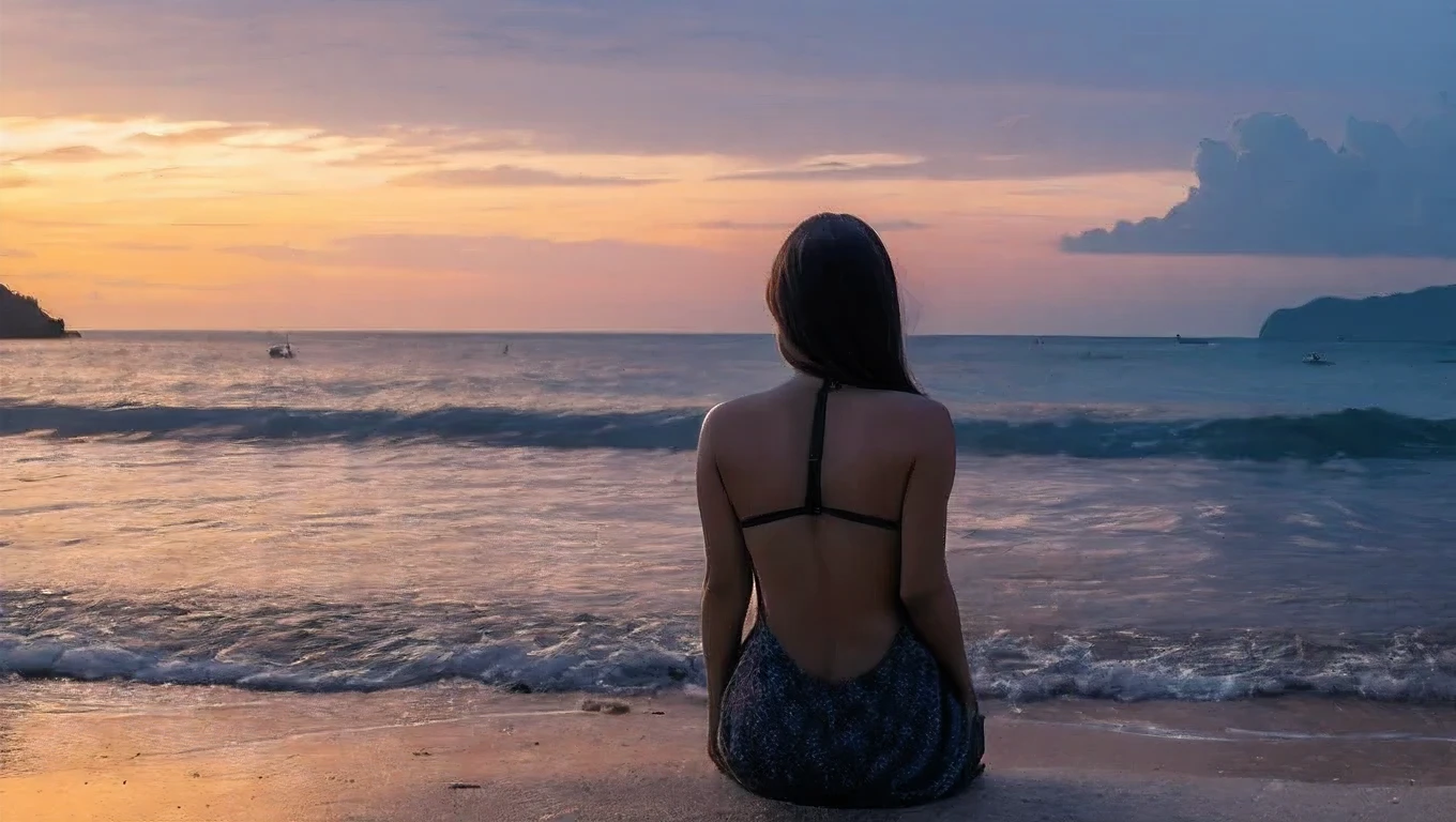 best quality, masterpiece, A woman sits with her back turned.,  Evening Twilight, beach, The night has stars, The sun is on the horizon., Thailand