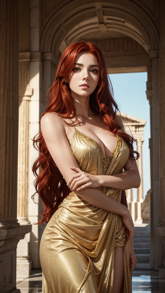 (wide shot) Photo of a beautiful greek goddess, RAW, ((red hair with extra long wavy) , ((portrait) ), (Detailed face: 1.2) ), (Detailed facial features) ), fair-skinned, slim body, greek temple environment, detailed expressions, reflections, shot with a 50mm lens, f/2. 8, HDR, (8k) , (movie lighting) (dramatic lighting) , (sharp focus) , complex elements  -- ar 9:16 , --chaos 50