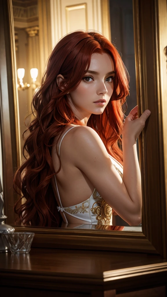 (wide shot) Photo of a beautiful greek goddess, RAW, ((red hair with extra long wavy) , ((portrait) ), (Detailed face: 1.2) ), (Detailed facial features) ), fair-skinned, slim body, greek temple environment, detailed expressions, reflections, shot with a 50mm lens, f/2. 8, HDR, (8k) , (movie lighting) (dramatic lighting) , (sharp focus) , complex elements -- ar 9:16 , --chaos 50