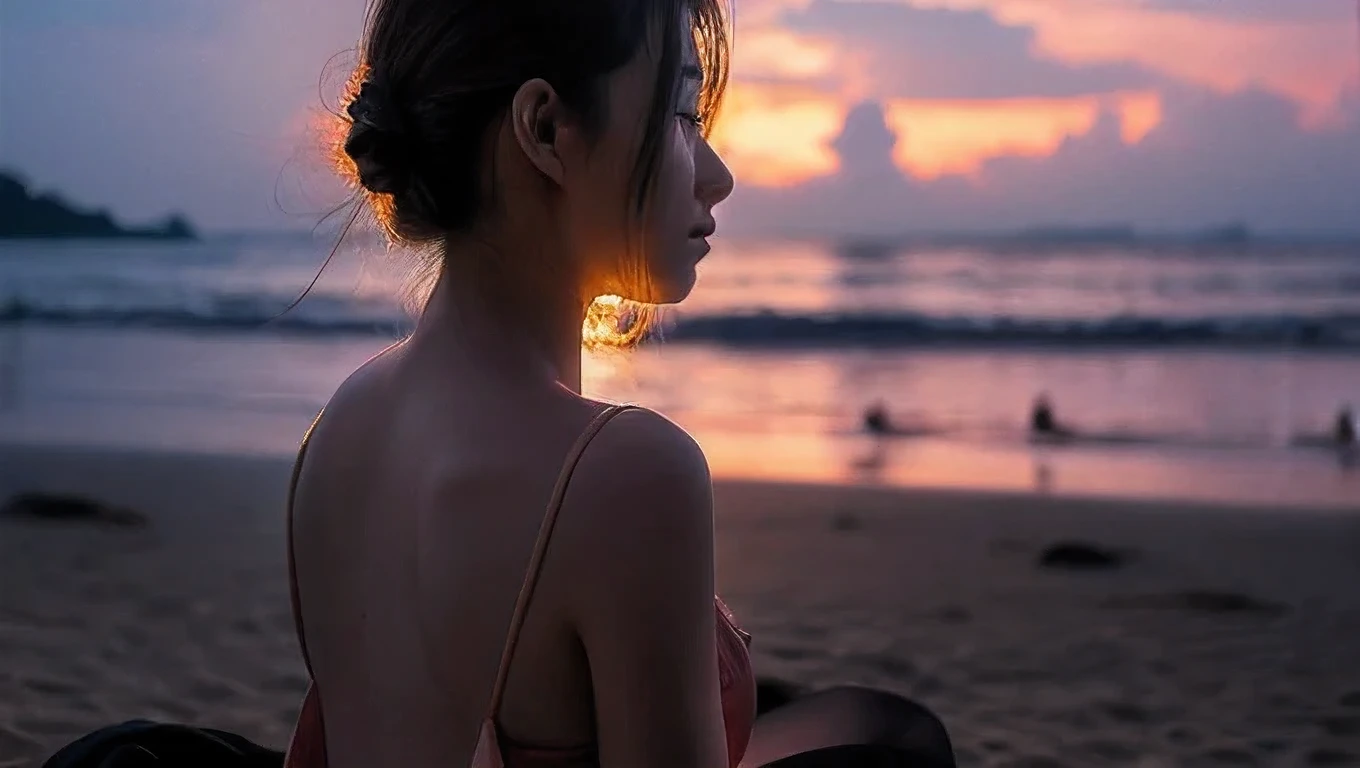 best quality, masterpiece, A woman sits with her back turned., Evening Twilight, beach, The night has stars, The sun is on the horizon., Thailand