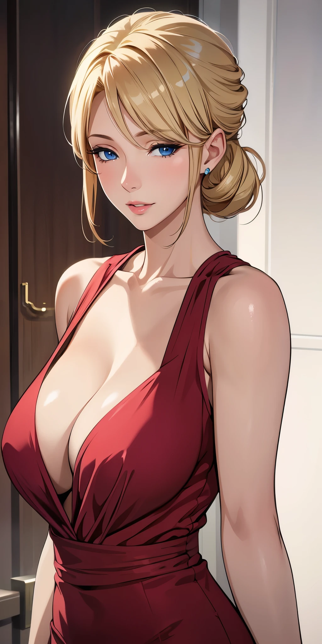 (best qualityer, ultra detali, photorrealistic: 1.39), bright and vibrant colors, studio lighting, romantic expression, short red dress, undercut platinum bobcut blonde hair, breasts small, adjusting, muscular, shorth hair, mercenary