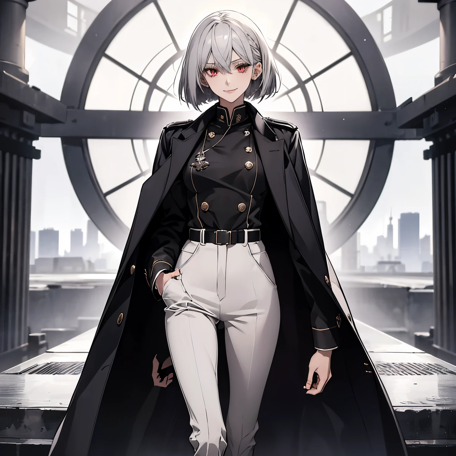 (Confused, High resolution, Very detailed), 1 female, Silver Hair,Bob Hair,Bright red eyes,White and black military uniform,24th generation,beauty,mature,thin,quiet,Calm,A small smile,A kind smile,In front of people you like,Long coat,Slender and thin,boots,skinny pants,observatory,Small breasts,
